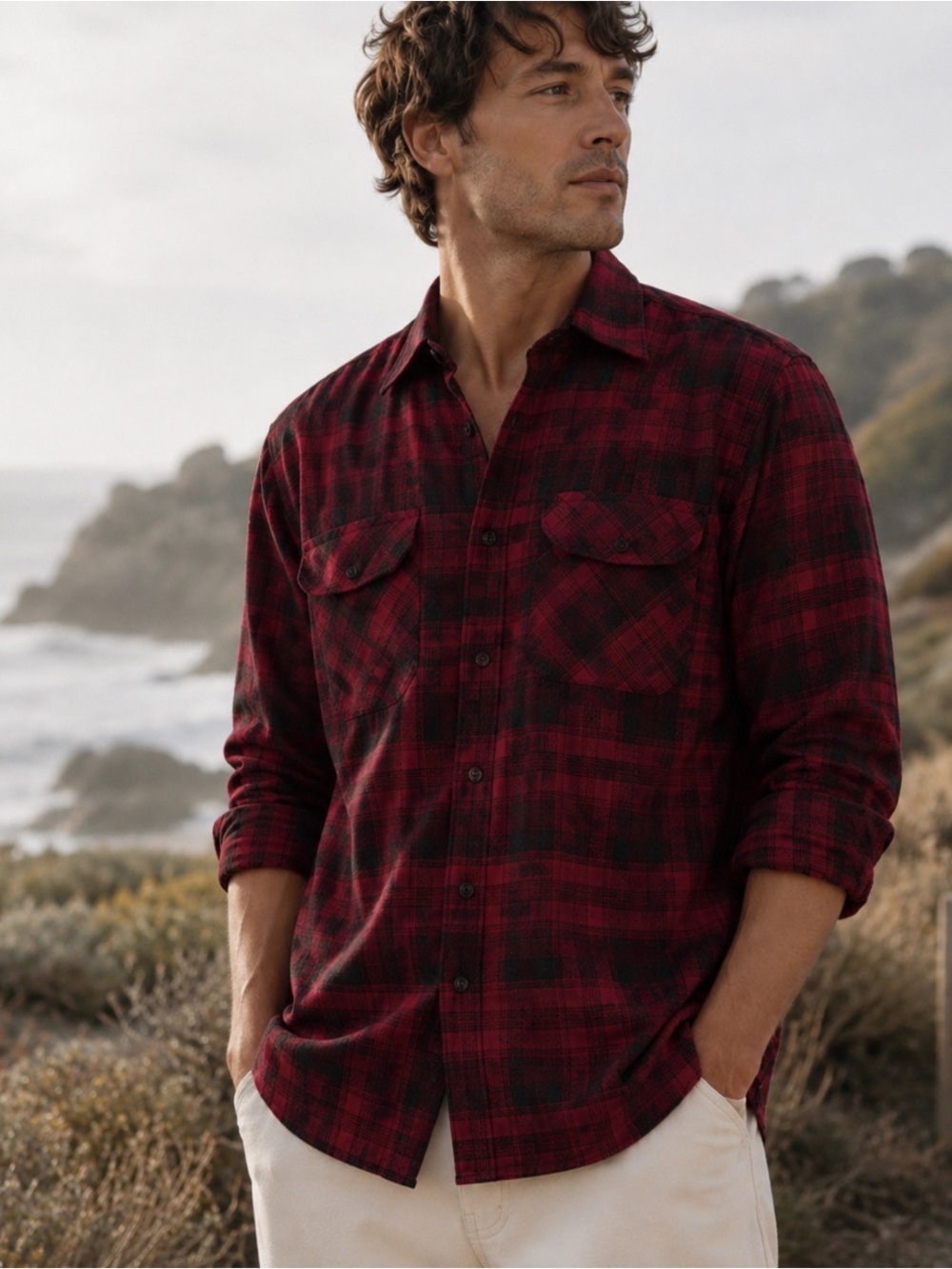 Pendleton sz M Red & Black Plaid Button-Up 100% wool Flannel Shirt